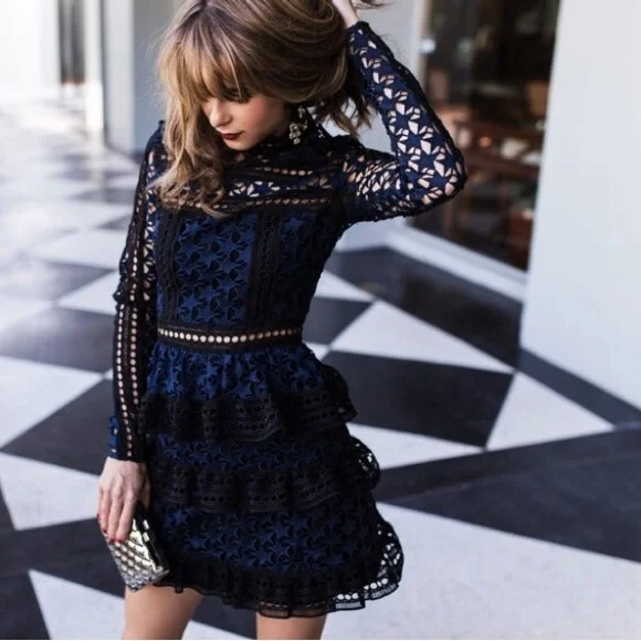 Self-Portrait Navy Lace Long Sleeve Dress - Picture 3 of 8